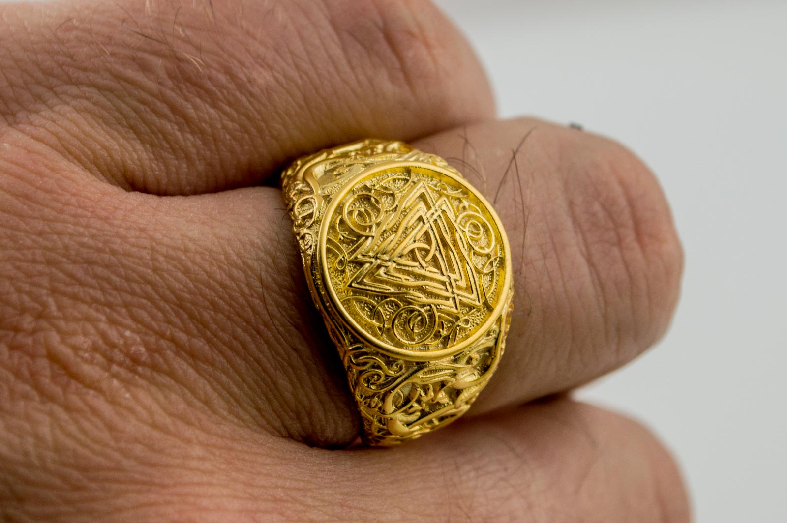 Valknut Symbol Ring with Urnes Style Gold Viking Jewelry - vikingworkshop