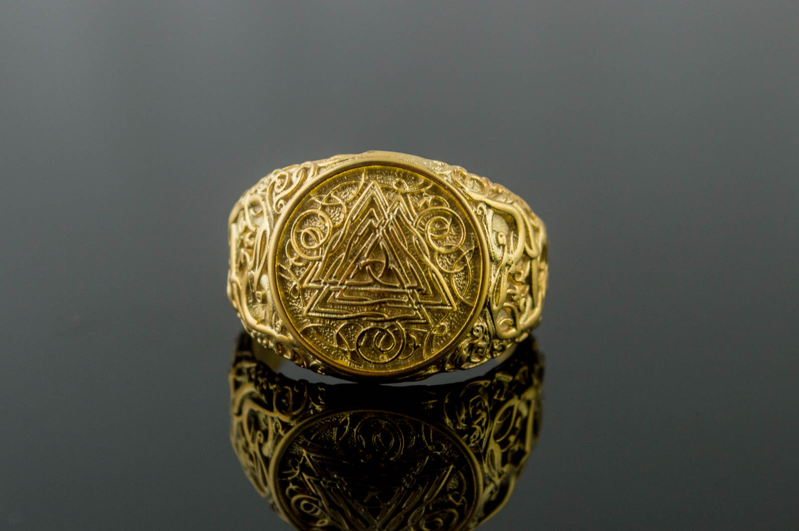 Valknut Symbol Ring with Urnes Style Gold Viking Jewelry - vikingworkshop