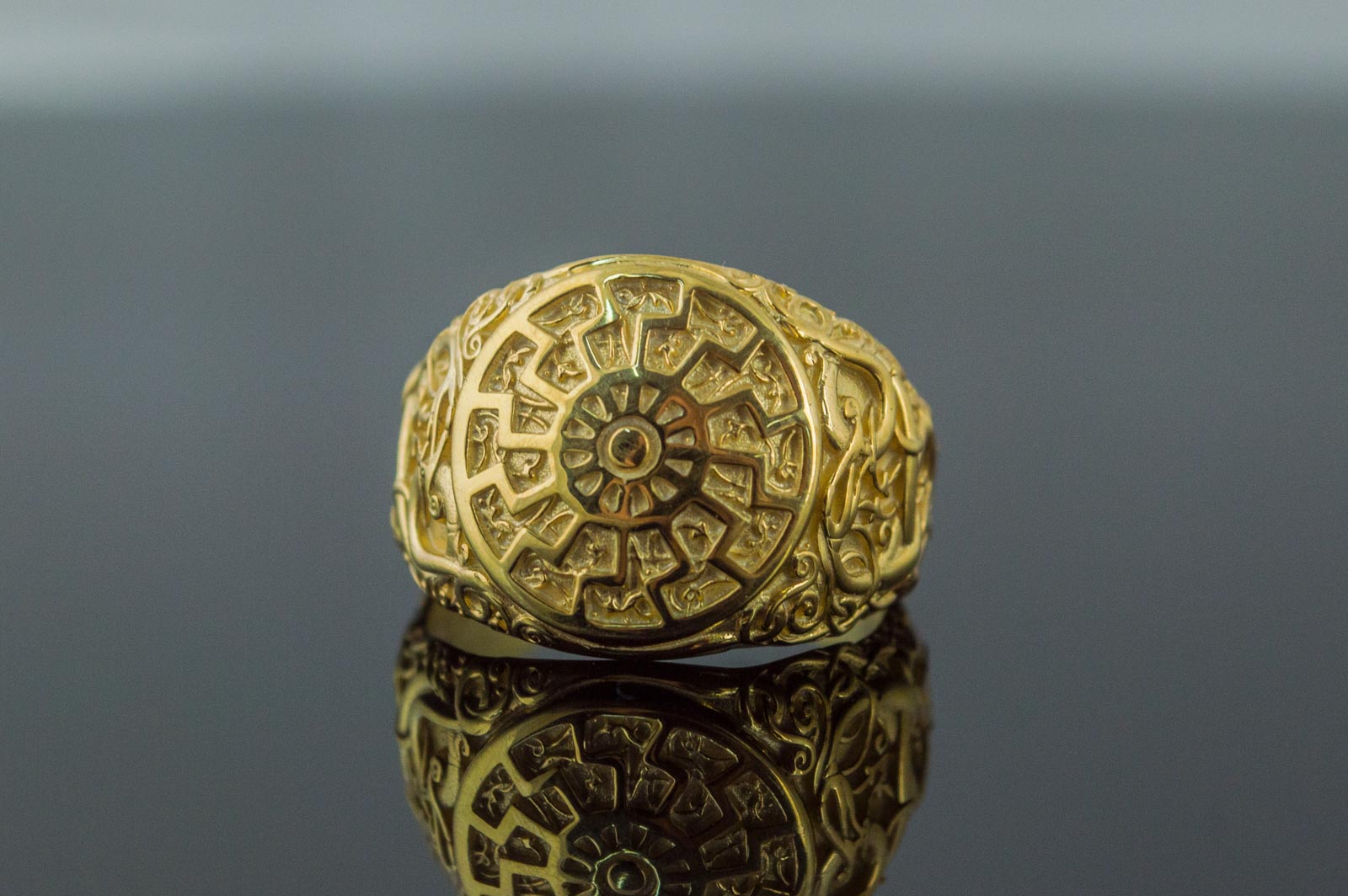 Black Sun Symbol with Urnes Style Gold Norse Ring - vikingworkshop