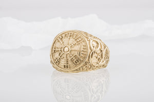 Vegvisir Symbol Ring with Urnes Style Gold Norse Jewelry - vikingworkshop