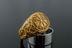 Vegvisir Symbol Ring with Urnes Style Gold Norse Jewelry - vikingworkshop