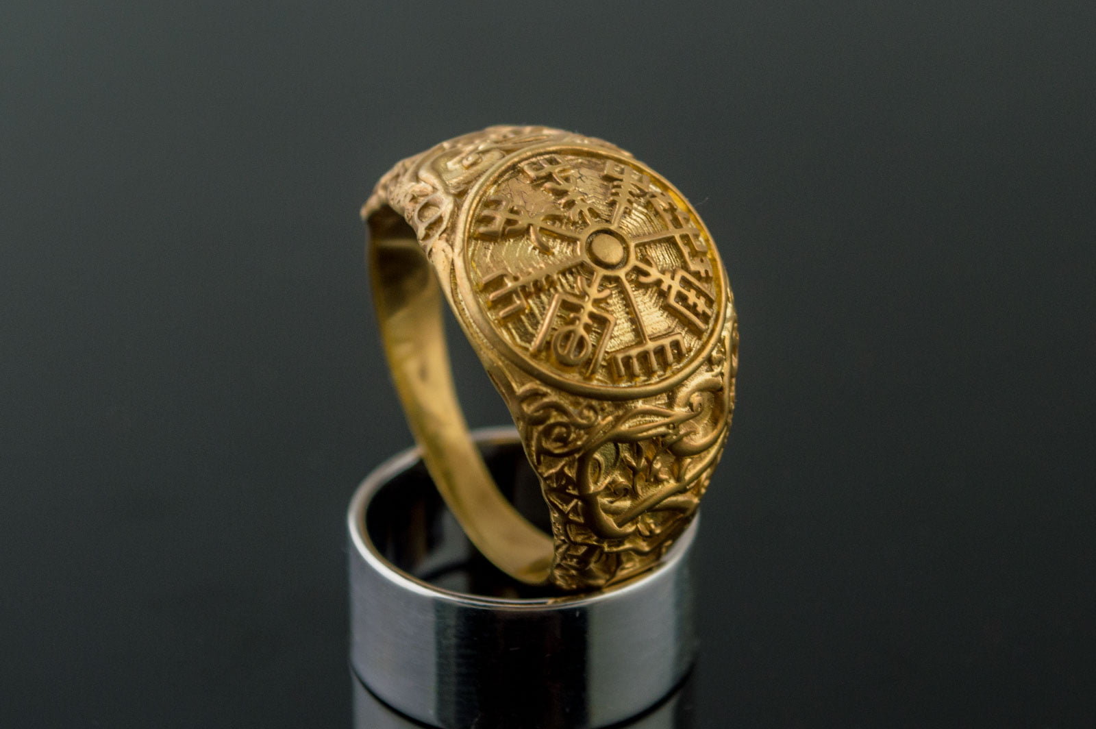 Vegvisir Symbol Ring with Urnes Style Gold Norse Jewelry - vikingworkshop