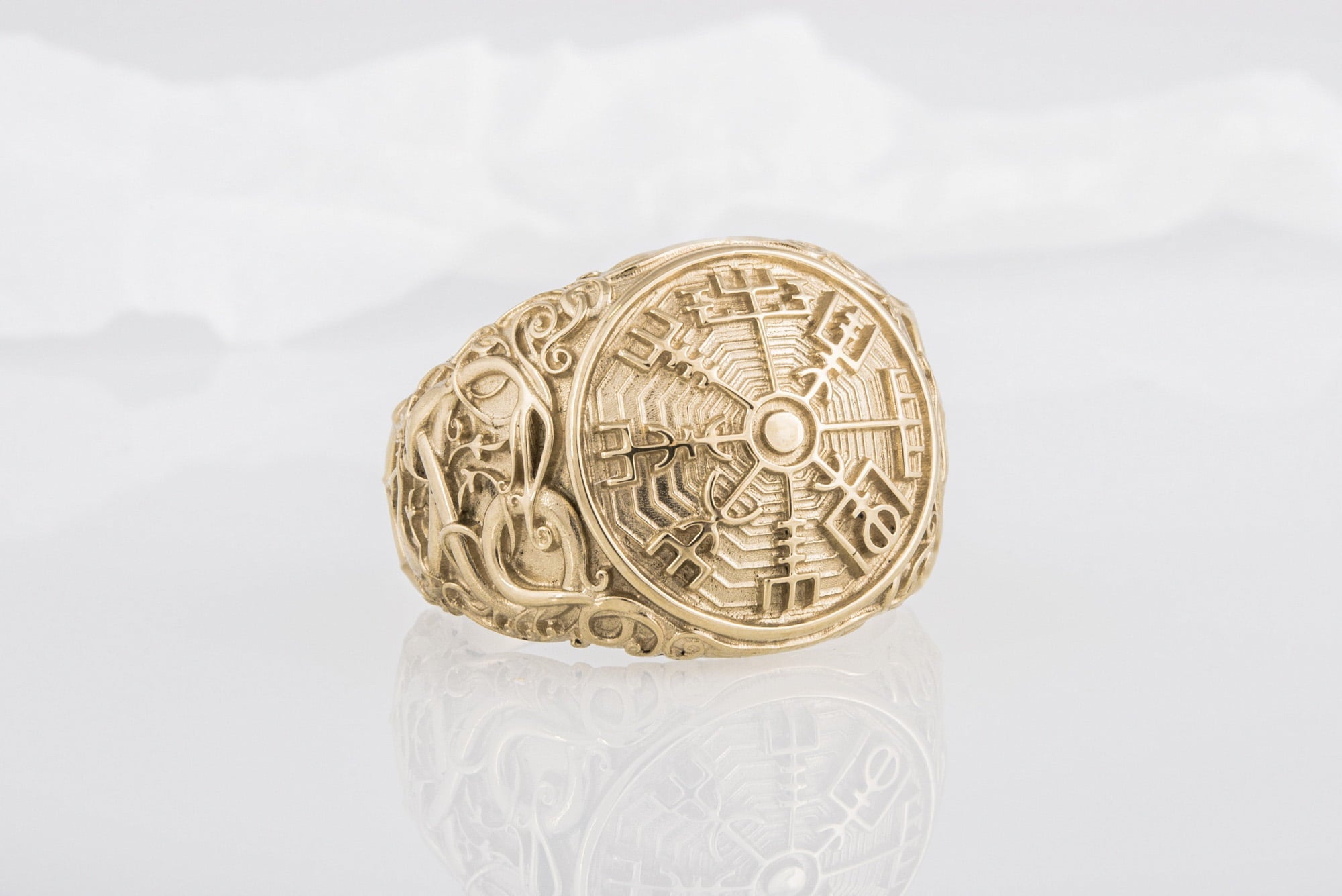 Vegvisir Symbol Ring with Urnes Style Gold Norse Jewelry - vikingworkshop