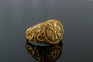 Vegvisir Symbol Ring with Urnes Style Gold Norse Jewelry - vikingworkshop