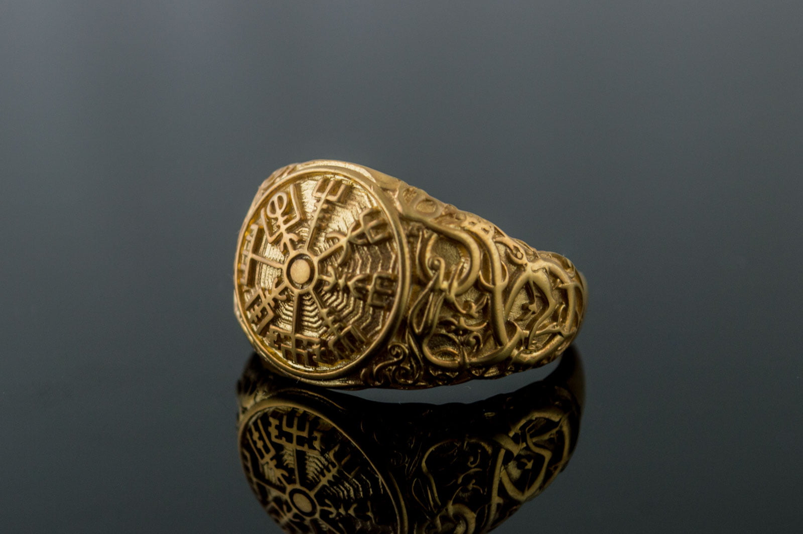 Vegvisir Symbol Ring with Urnes Style Gold Norse Jewelry - vikingworkshop