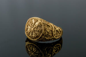 Vegvisir Symbol Ring with Urnes Style Gold Norse Jewelry - vikingworkshop