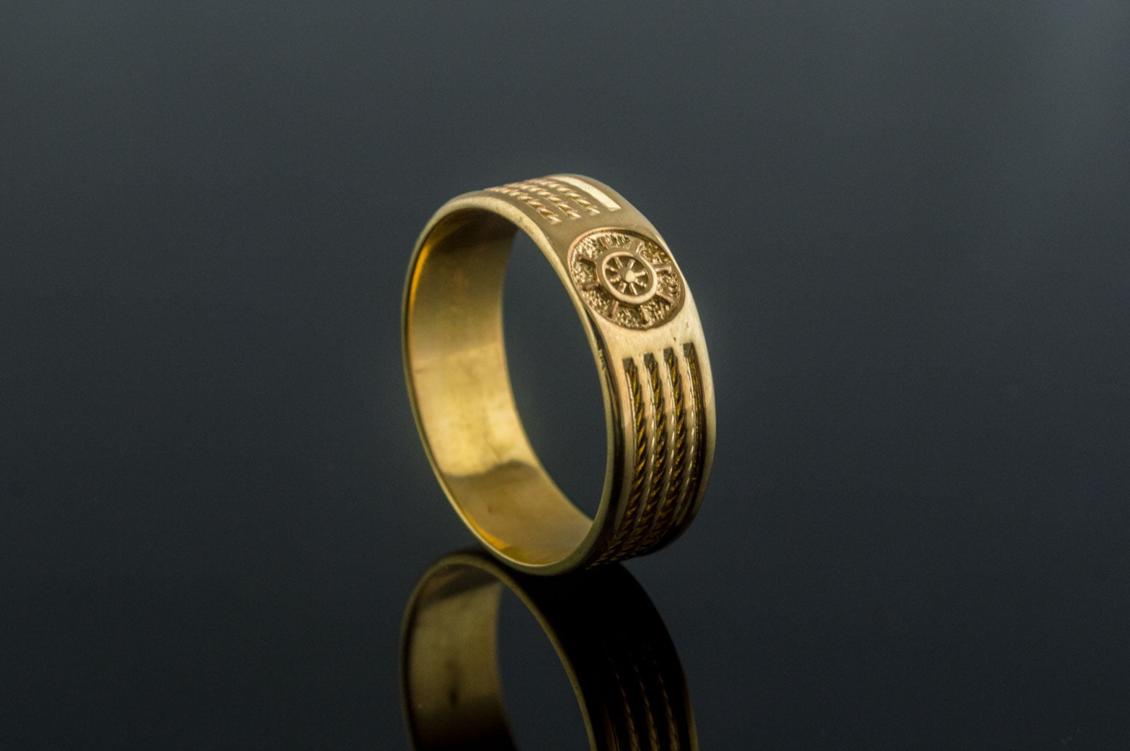 Gold Ring with Handweel Symbol Ornament Style Handmade Jewelry - vikingworkshop