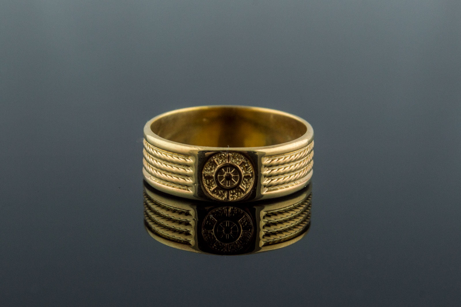 Gold Ring with Handweel Symbol Ornament Style Handmade Jewelry - vikingworkshop