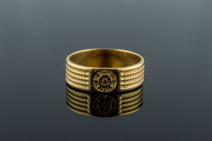 Gold Ring with Handweel Symbol Ornament Style Handmade Jewelry - vikingworkshop