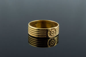 Gold Ring with Handweel Symbol Ornament Style Handmade Jewelry - vikingworkshop