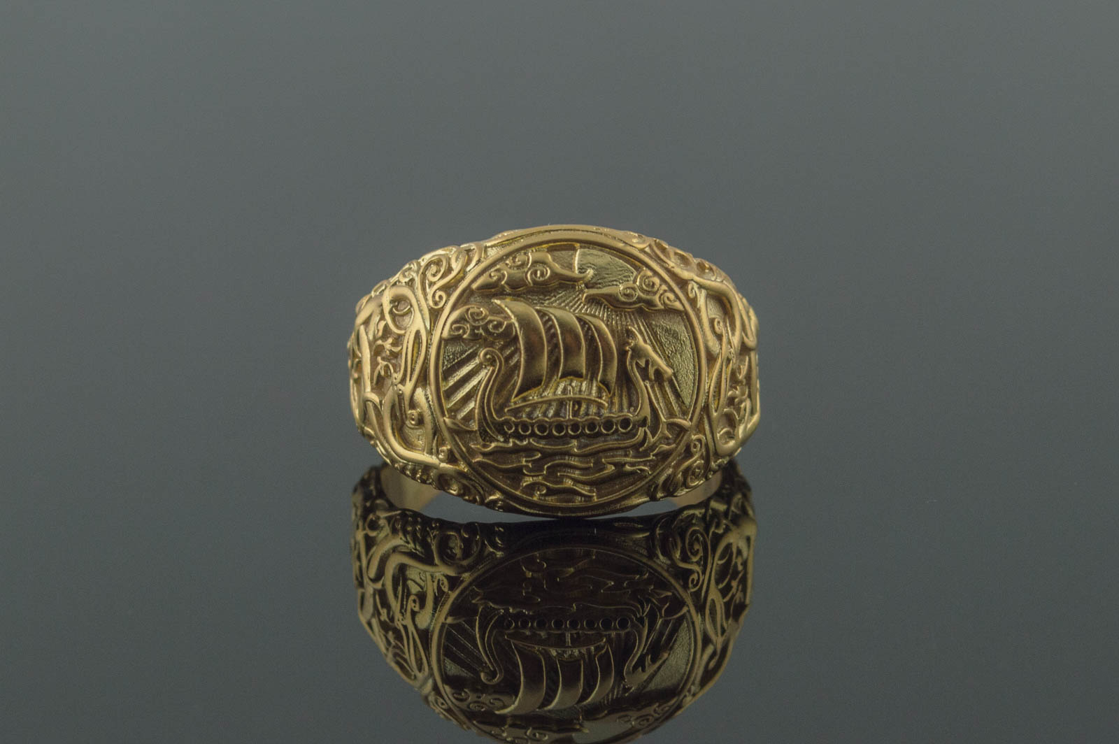 Drakkar Symbol Ring with Urnes Style Gold Viking Jewelry - vikingworkshop