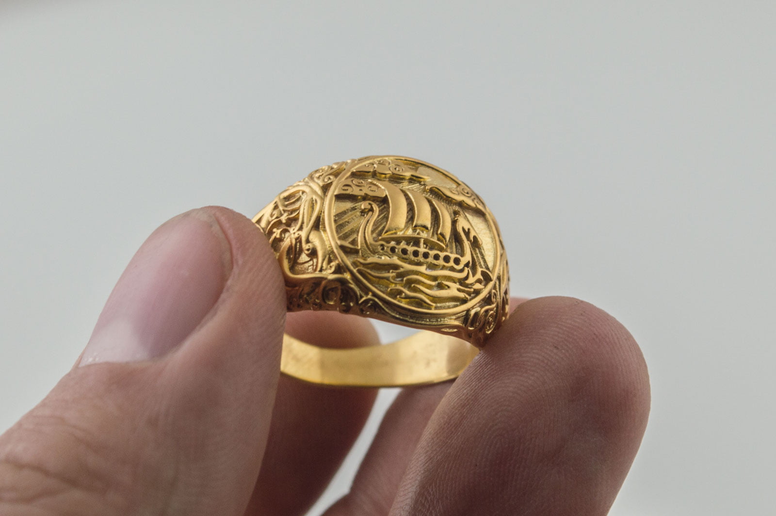 Drakkar Symbol Ring with Urnes Style Gold Viking Jewelry - vikingworkshop