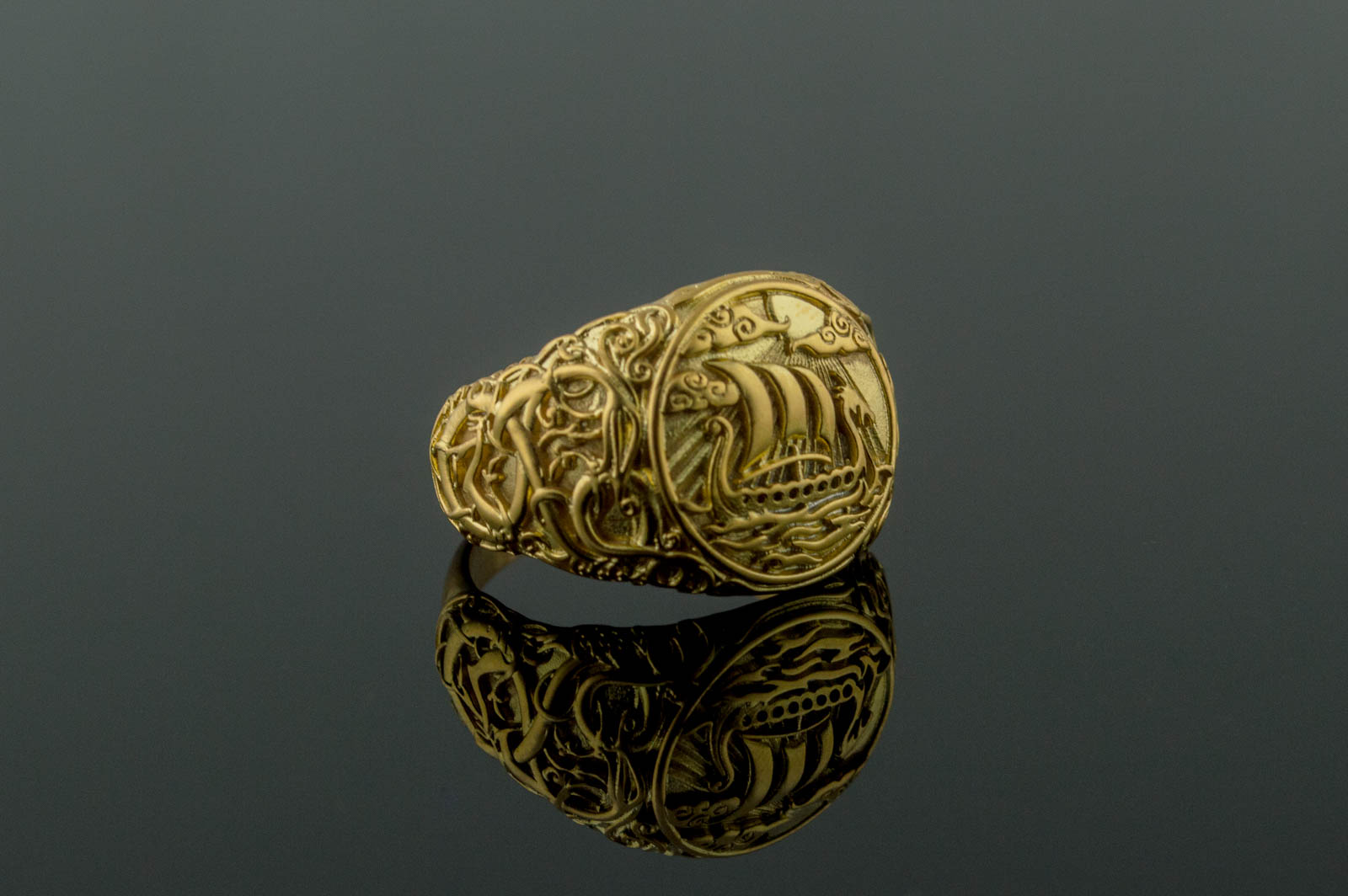 Drakkar Symbol Ring with Urnes Style Gold Viking Jewelry - vikingworkshop