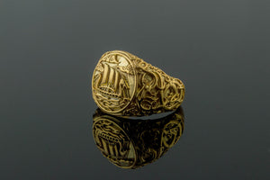 Drakkar Symbol Ring with Urnes Style Gold Viking Jewelry - vikingworkshop