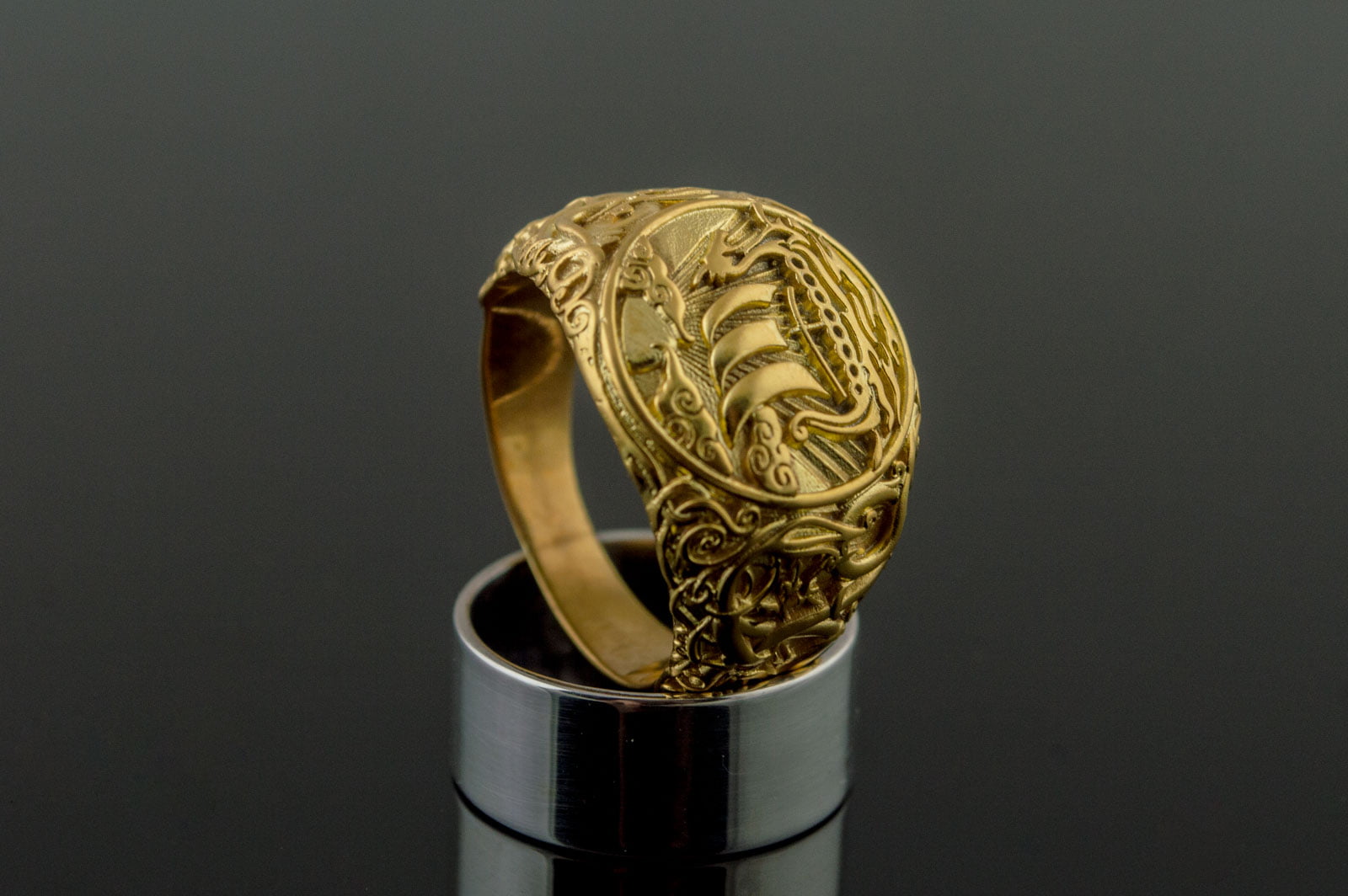 Drakkar Symbol Ring with Urnes Style Gold Viking Jewelry - vikingworkshop