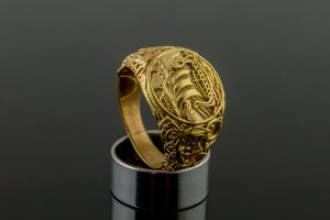 Drakkar Symbol Ring with Urnes Style Gold Viking Jewelry - vikingworkshop