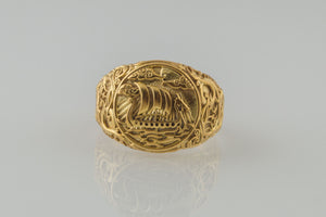 Drakkar Symbol Ring with Urnes Style Gold Viking Jewelry - vikingworkshop