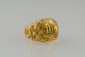 Drakkar Symbol Ring with Urnes Style Gold Viking Jewelry - vikingworkshop