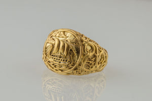 Drakkar Symbol Ring with Urnes Style Gold Viking Jewelry - vikingworkshop