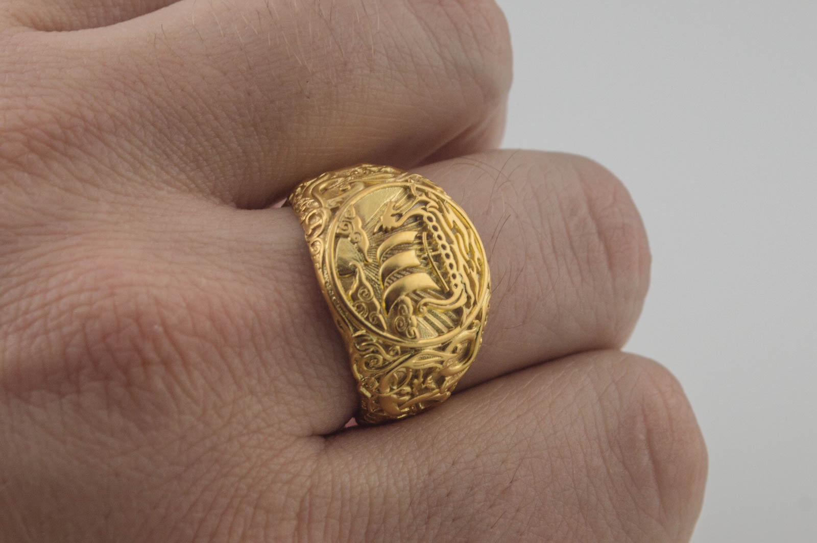 Drakkar Symbol Ring with Urnes Style Gold Viking Jewelry - vikingworkshop