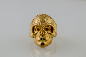 Skull Mask Ring with Ornament Gold Unique Norse Jewelry - vikingworkshop