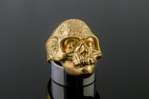 Skull Mask Ring with Ornament Gold Unique Norse Jewelry - vikingworkshop