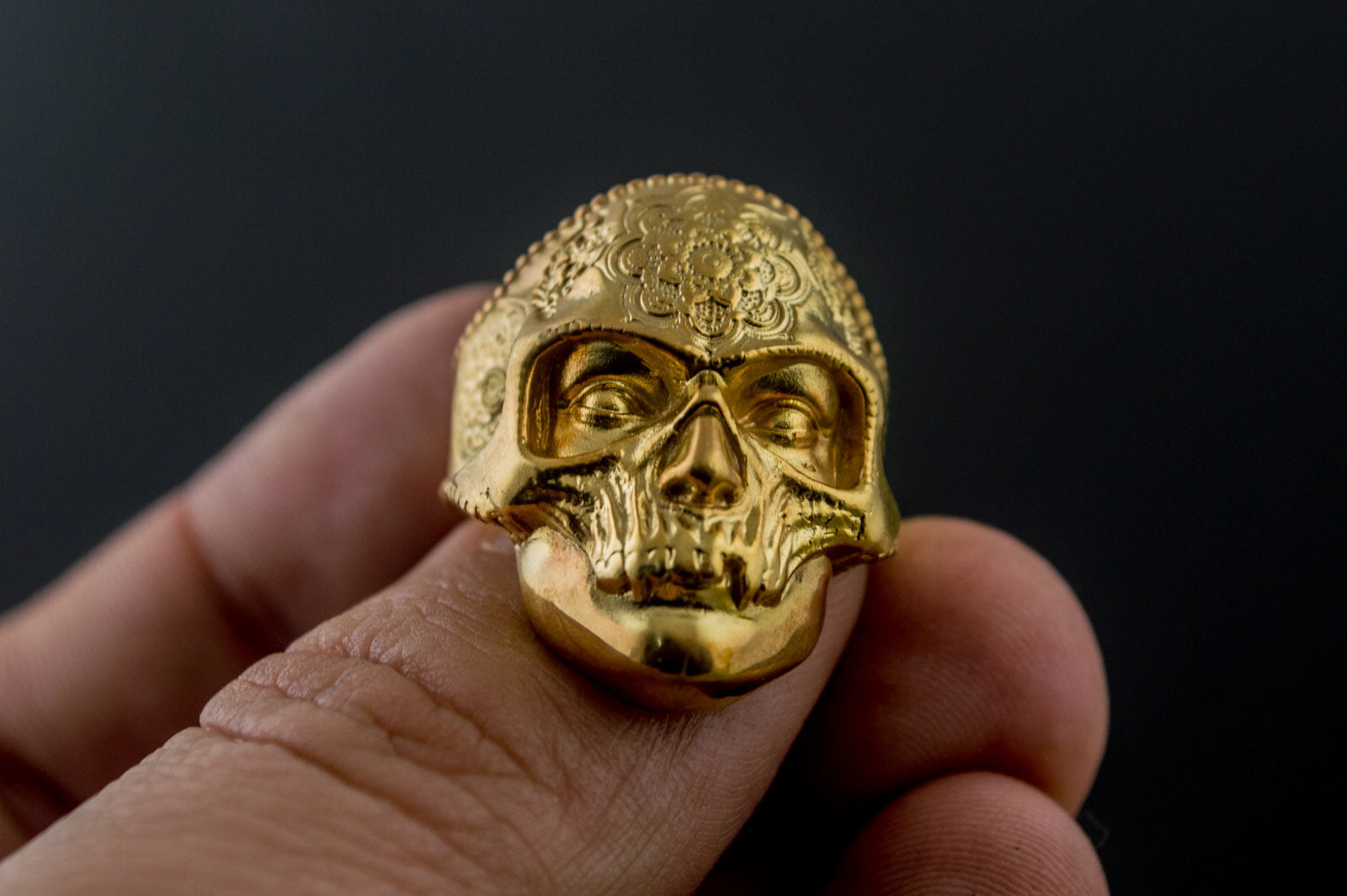 Skull Mask Ring with Ornament Gold Unique Norse Jewelry - vikingworkshop