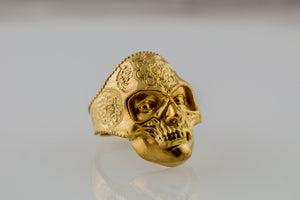 Skull Mask Ring with Ornament Gold Unique Norse Jewelry - vikingworkshop