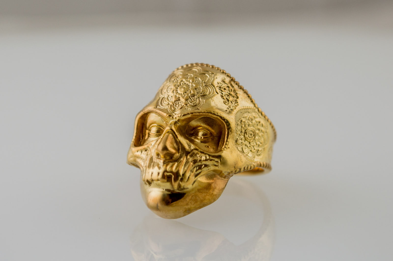 Skull Mask Ring with Ornament Gold Unique Norse Jewelry - vikingworkshop