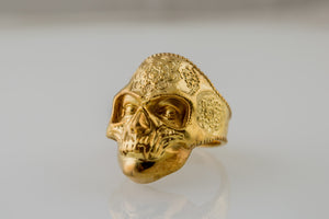 Skull Mask Ring with Ornament Gold Unique Norse Jewelry - vikingworkshop