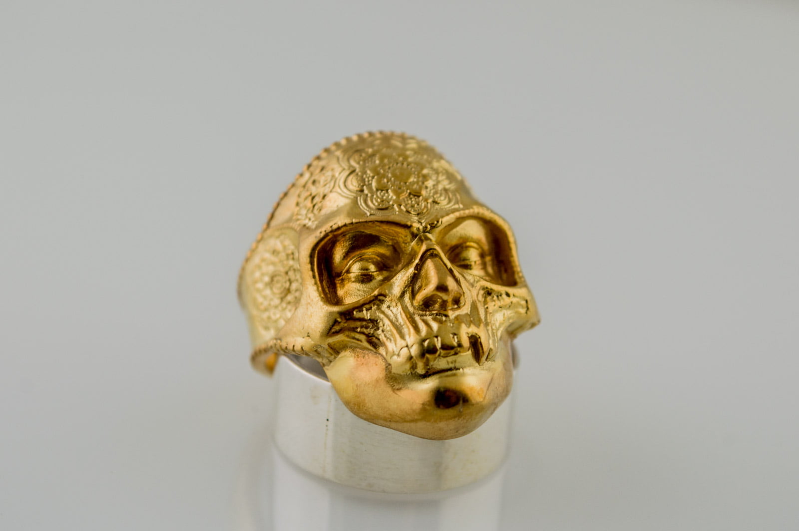 Skull Mask Ring with Ornament Gold Unique Norse Jewelry - vikingworkshop