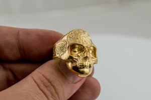 Skull Mask Ring with Ornament Gold Unique Norse Jewelry - vikingworkshop