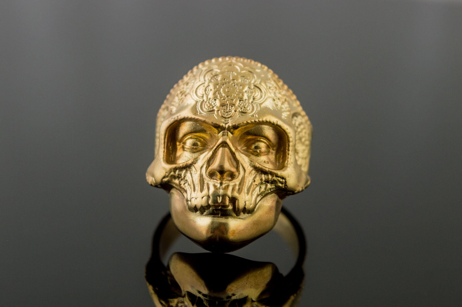 Skull Mask Ring with Ornament Gold Unique Norse Jewelry - vikingworkshop