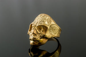 Skull Mask Ring with Ornament Gold Unique Norse Jewelry - vikingworkshop