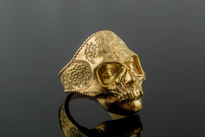 Skull Mask Ring with Ornament Gold Unique Norse Jewelry - vikingworkshop