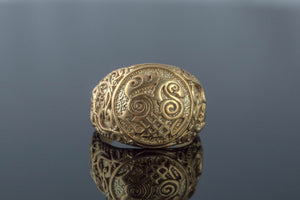 Sleipnir Symbol Ring with Urnes Style Gold Viking Jewelry - vikingworkshop