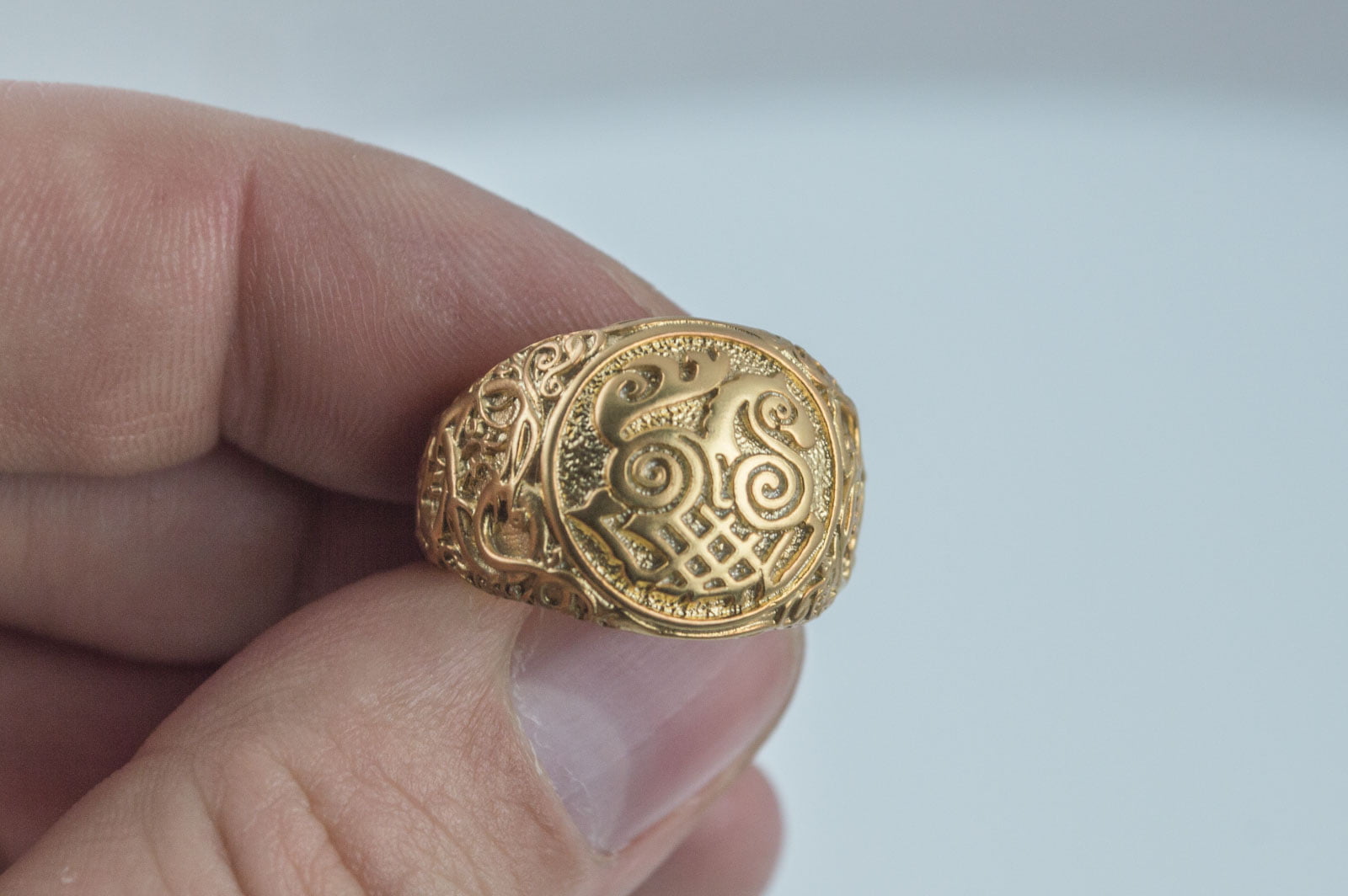 Sleipnir Symbol Ring with Urnes Style Gold Viking Jewelry - vikingworkshop