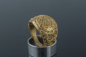 Sleipnir Symbol Ring with Urnes Style Gold Viking Jewelry - vikingworkshop