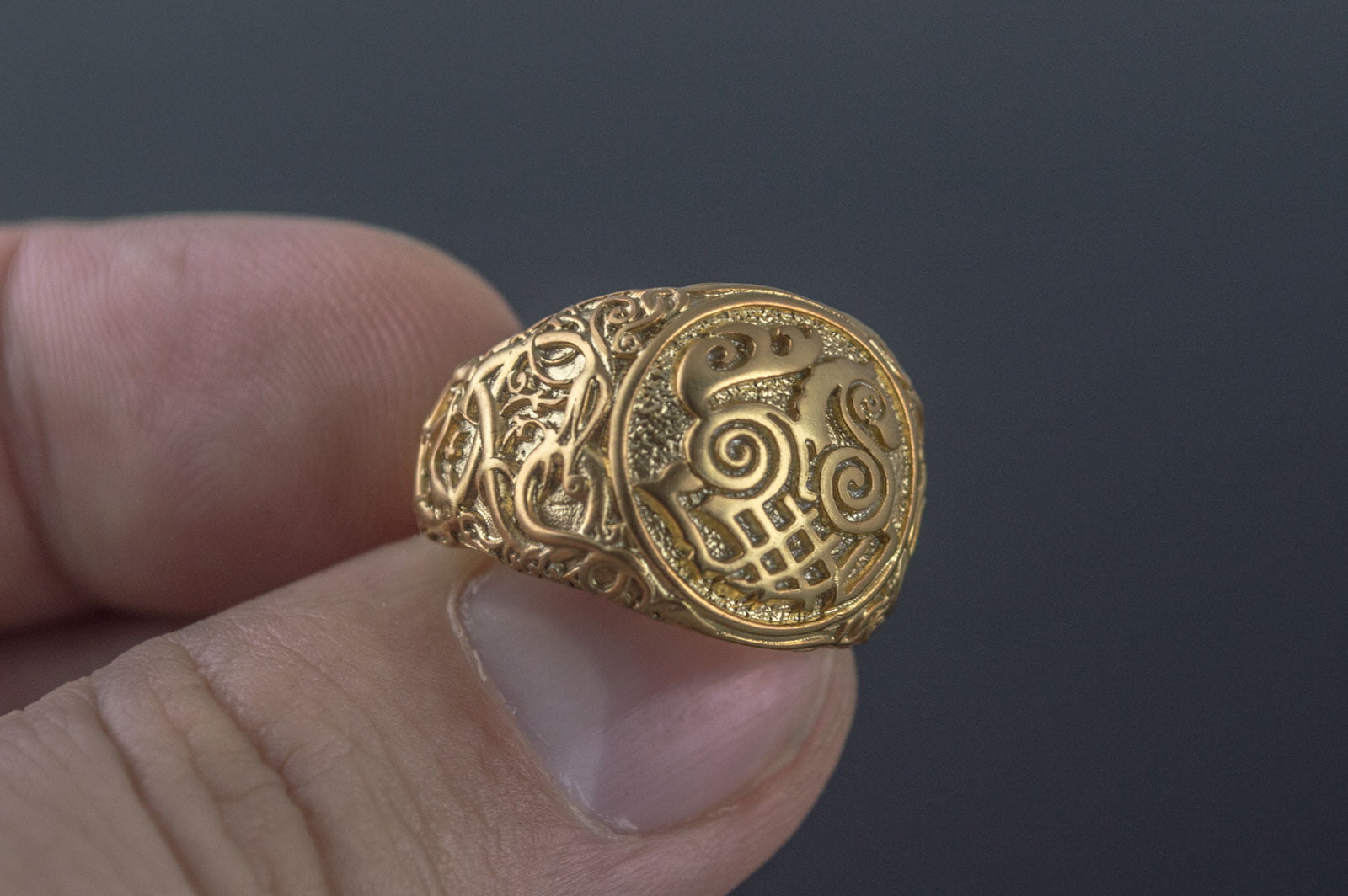 Sleipnir Symbol Ring with Urnes Style Gold Viking Jewelry - vikingworkshop