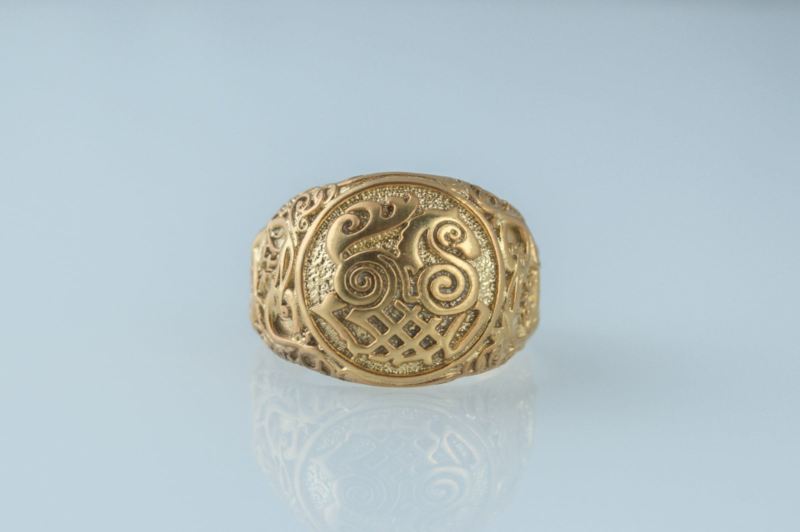 Sleipnir Symbol Ring with Urnes Style Gold Viking Jewelry - vikingworkshop