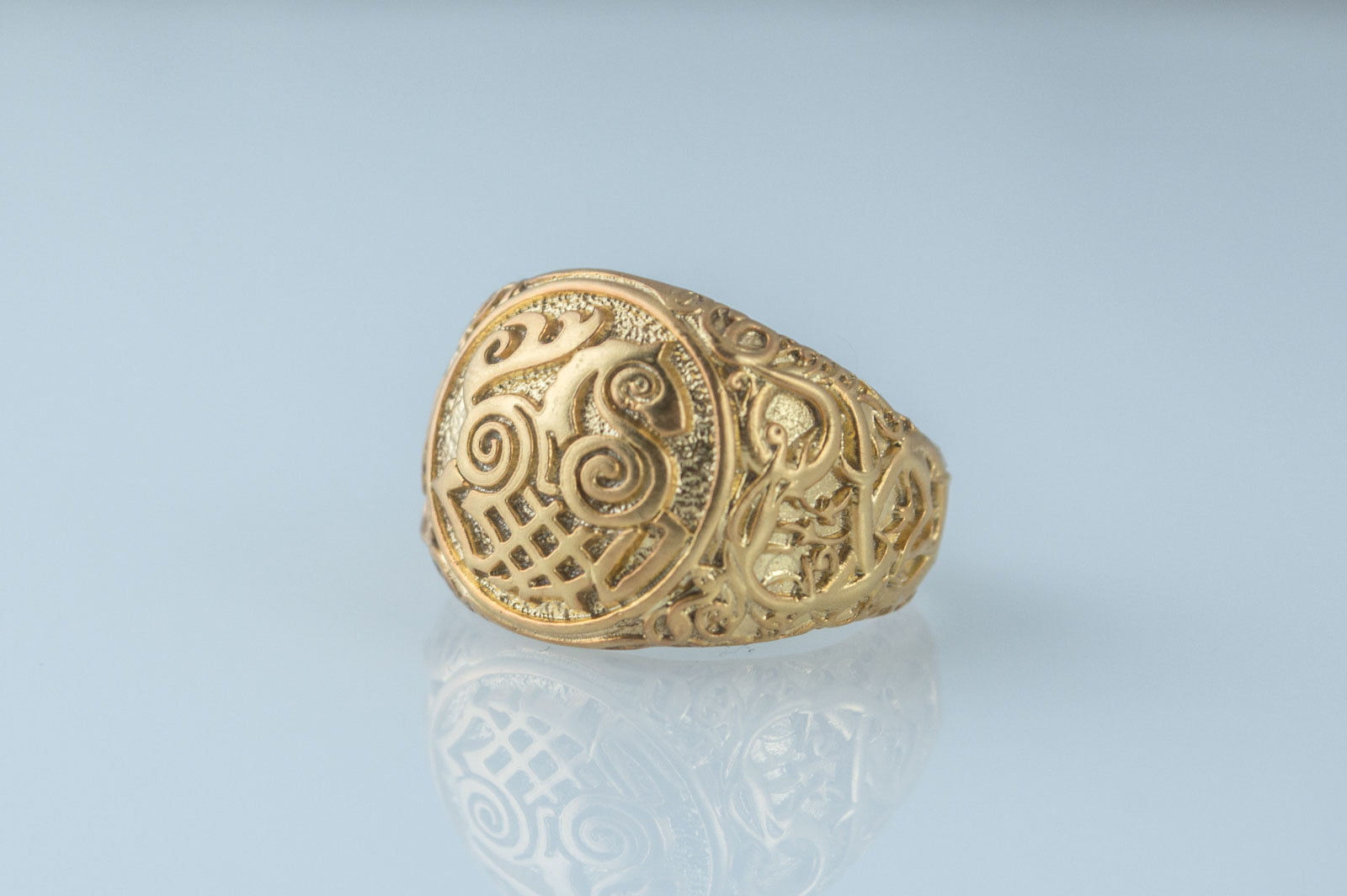 Sleipnir Symbol Ring with Urnes Style Gold Viking Jewelry - vikingworkshop