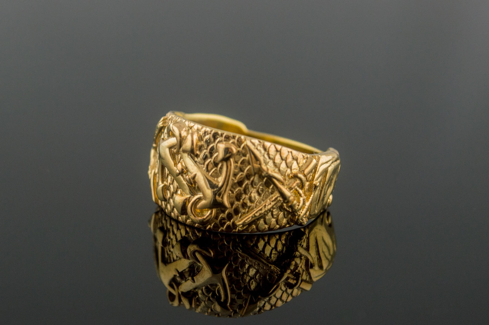 Gold Fish Ring with Anchor Symbol Handmade Unique Jewelry - vikingworkshop