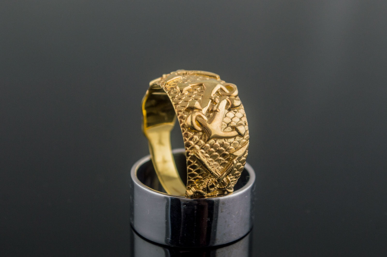 Gold Fish Ring with Anchor Symbol Handmade Unique Jewelry - vikingworkshop