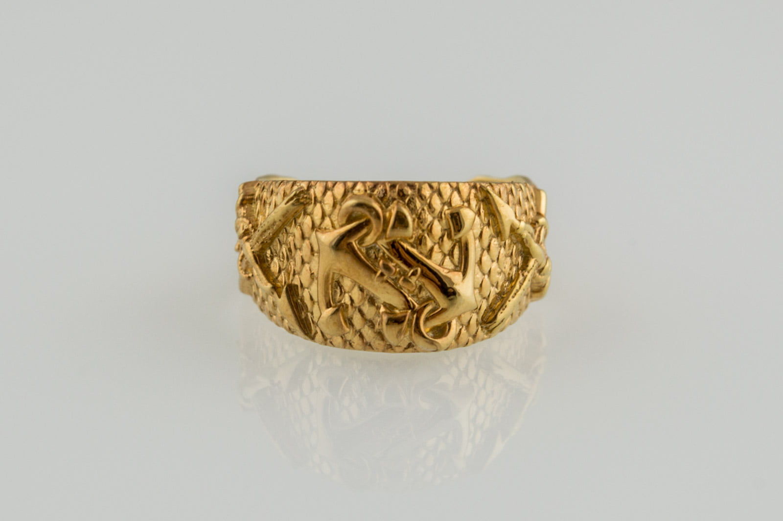 Gold Fish Ring with Anchor Symbol Handmade Unique Jewelry - vikingworkshop