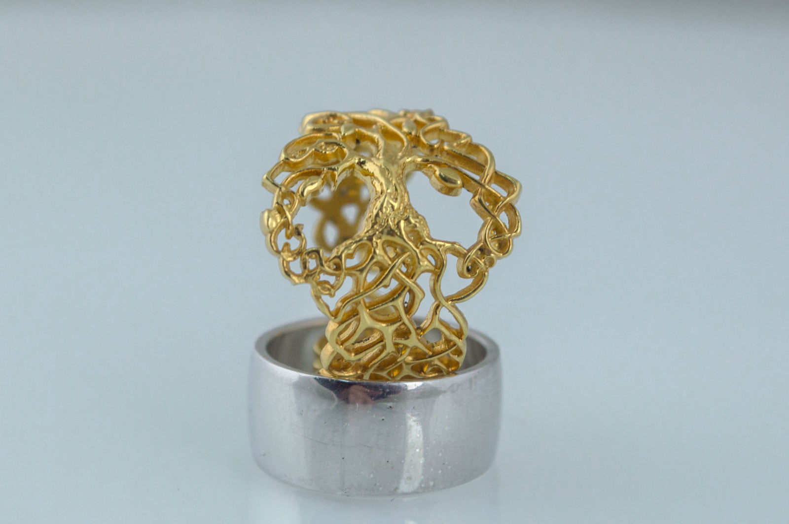 Yggdrasil Ring with Ornament Gold Unique Norse Jewelry - vikingworkshop