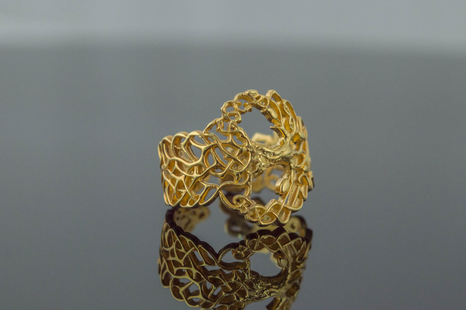 Yggdrasil Ring with Ornament Gold Unique Norse Jewelry - vikingworkshop