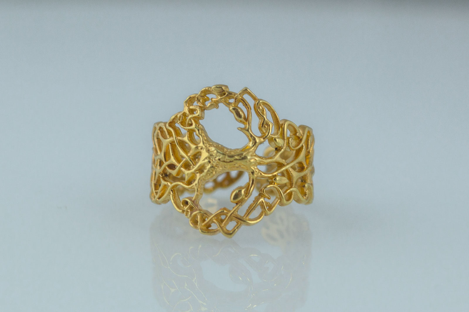 Yggdrasil Ring with Ornament Gold Unique Norse Jewelry - vikingworkshop