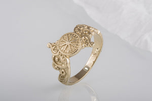 Ring with Helm of Awe Symbol and Wolf Ornament Gold Viking Jewelry - vikingworkshop