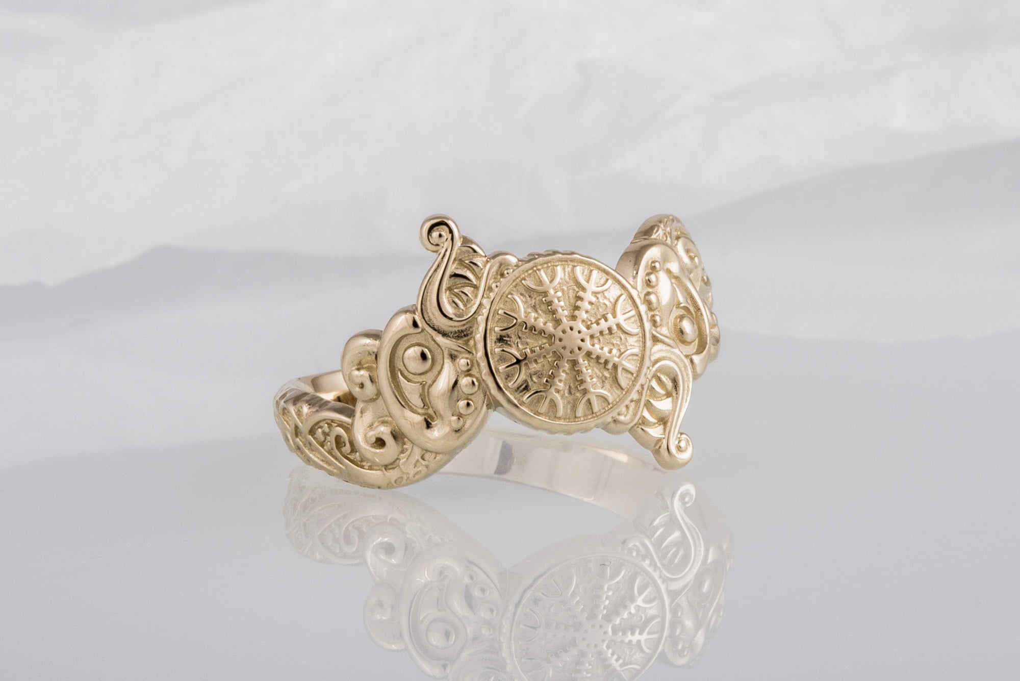 Ring with Helm of Awe Symbol and Wolf Ornament Gold Viking Jewelry - vikingworkshop