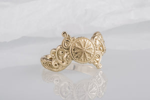 Ring with Helm of Awe Symbol and Wolf Ornament Gold Viking Jewelry - vikingworkshop